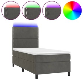 sötétszürke bársony rugós és LED-es ágy matraccal 90x190 cm