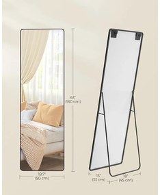 Álló tükör, teljes alakos tükör, 50 x 160 cm,  alumíniumötvözet váz, edzett üveg, fekete