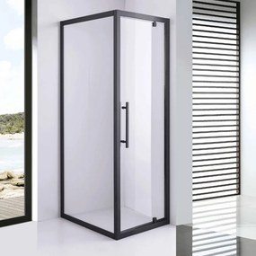 Stuxi Torino Black 70x80 aszimmetrikus szögletes nyílóajtós zuhanykabin 6 mm vízlepergető biztonsági üveggel, matt fekete elemekkel, 200 cm magas