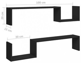 2 db fekete szerelt fa fali polc 100 x 15 x 20 cm