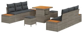 9 részes kerti kanapé készlet párnákkal Szürke Poli Rattan Akác, 3 részes kerti étkező készlet párnákkal Szürke Poli Rattan Akác
