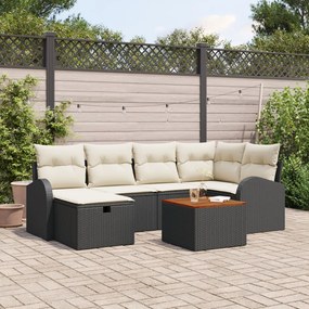 7 részes kerti bútor szett párnákkal, fekete poly rattan, 2 személyes kerti bútor tárolóval és párnákkal, fekete poly rattan