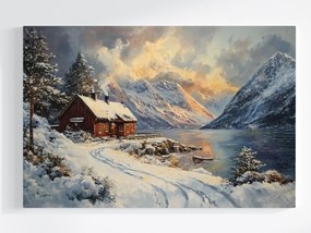 Vászonkép Canvas Tél Tájkép Kunyhó Tó Hegyek Hó Nyugat 120x80