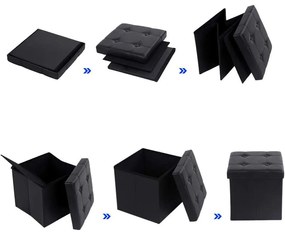 Összecsukható puff, tároló pad, fekete, 38x38x38 cm