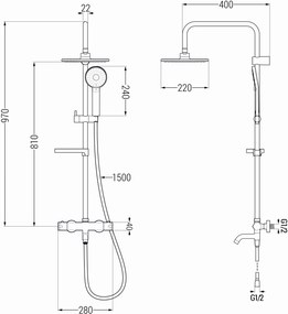 Mexen X40 zuhanygarnitúra felső fejjel 22 cm, termosztatikus fürdőcsaptelep Kai, króm, 779004091-00
