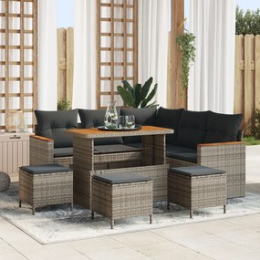 8 darabos kertifotel garnitúra párnákkal szürke poli rattan akáccal, 3 darabos kerti étkező garnitúra párnákkal szürke poli rattan akáccal