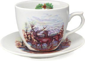 0,2 l-es kerámia csésze csészealjjal, szarvas motívummal díszítve