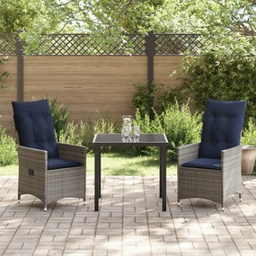 3 Részes Kerti Étkező Szett Párnákkal Szürke Poli Rattan, Kerti Asztal Fekete 80x80x73 cm Edzett Üveggel