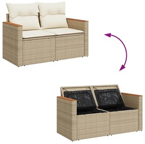 7 részes bézs polyrattan akácfa kerti ülőgarnitúra párnákkal
