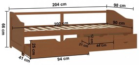 mézbarna 3 személyes tömör fenyőfa kanapéágy fiókokkal 90x200cm
