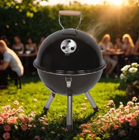 Mini faszenes grill vízforralóval  kerek hordozható fekete