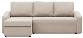 Zeus sarokkanapé, 2 ágyneműtartóval, döntött kartámasz, bársony, univerzális oldal, hab töltet, bézs