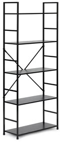 Fekete 5 szintes nyitott könyvespolc, tároló állvány fém lábakkal - 59x144cm Intenso