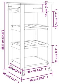 MONZA tömör fenyőfa konyhai kocsi 48 x 40 x 88,5 cm