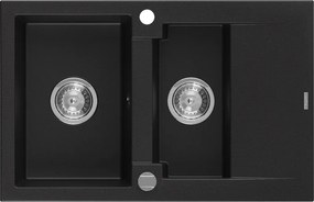 Mexen Gaspar 1,5 medencés, csepegtetős gránit mosogató 737 x 475 mm, fekete, krómozott szifon - 6507731505-77