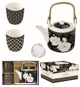 R2S.1467ARTF Porcelán teáskanna 600ml, fémszűrővel, 2 porcelánpohárral 160ml, dobozban, Art Deco &amp; Flowers, Atmosphere