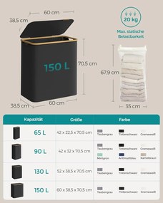 szennyeskosár fedéllel – 3 rekeszes ruhagyűjtő, 150 l űrtartalommal fekete színben