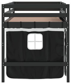 fehér-fekete tömör fenyő gyerek galériaágy függönnyel 90x200 cm