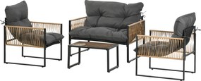 Outsunny 4 részes Rattan Kerti Bútor Szett, Párnázott Ülőgarnitúra, Terasz Szett 1 Üvegasztallal, 2 Karosszékkel, 1 Két személyes Kanapéval, Ülőgarnit