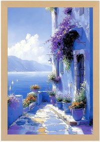 Poszter Keret Fa Tájkép Kilátás Görögország Tenger Ház Terasz Virágok 40x60