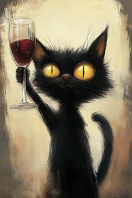 Canvas Vászonkép Konyha Bár Fekete Macska Bor Pohár Koccintás 40x60