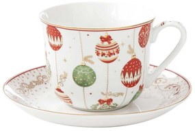 Karácsonyi gömbökkel díszített porcelán 370 ml-es reggeliző csésze aljjal díszdobozban Christmas Eve