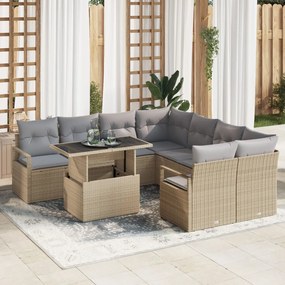 9 Darabos Kert Sofa Szett Párnákkal Bézs Poli Rattan, 2-Fős Kert Sofa Párnákkal Bézs Poli Rattan