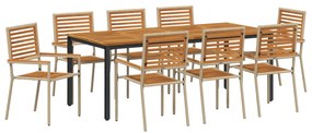 9 darabos kerti étkező garnitúra bézs poli rattan akáccal, Összecsukható kerti szék párnákkal - 2 db bézs poli rattanban, Kerti asztal 200x90x75 cm tömör akácfa és fém