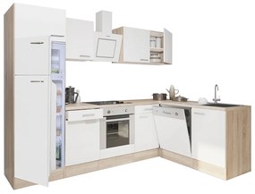 Yorki 280 sarok konyhabútor sonoma tölgy korpusz,selyemfényű fehér front alsó sütős elemmel felülfagyasztós hűtős szekrénnyel