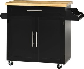 HOMCOM Konyhai Szekrény Kerekekkel, Ajtós Facsúszóval, Magasságban Állítható Belső Polccal és Fűszertartóval, Mobil Oldalszekrény 109x40x89 cm Fekete