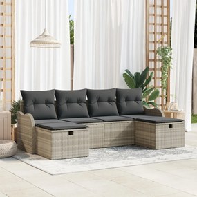 6 darabos kert kanapészett párnákkal világosszürke poli rattan, 2 személyes kert kanapé párnákkal világosszürke poli rattan
