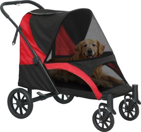 PawHut Kutyakocsi – Összecsukható Nagy Kutyák és Macskák Számára 30 kg-ig, Párnás, Hálóablakokkal, Tárolótáskával és Biztonsági Pórázokkal – Fekete |