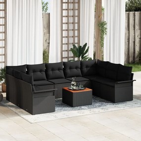 10 részes kerti kanapé szett párnákkal, fekete, poli rattan, akác, 2 fős kerti kanapé tárolóval és párnákkal, fekete, poli rattan