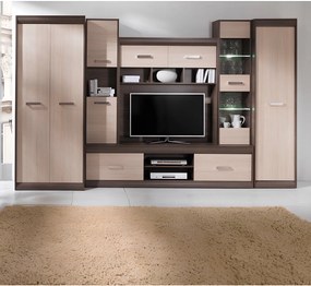 Nappali szekrénysor, DTD/MDF, világos tölgy/sötét tölgy, KORINA