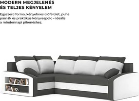 Grande sarokkanapé polcokkal , polc a bal karfaban, baloldali, szövet anyag, bonell töltet, szürke - fehér