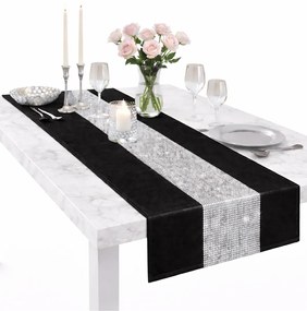 Asztalterítő Cirkóniákkal 180x40 Abrosz Dekoratív Sima Matt Fekete