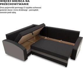 Grande sarokkanapé polcokkal , polc a jobb karfaban, baloldali, szövet anyag, hab töltet, fekete - szürke