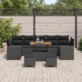 10 darabos kert kanapé szett párnákkal, fekete poli rattan akácia, 3 darabos kert étkező szett párnákkal, fekete poli rattan akácia