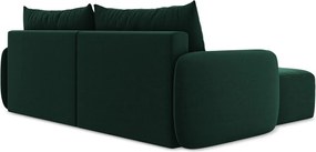 Sötétzöld bársony kinyitható-tárolóhelyes sarokkanapé (bal oldali-heverő résszel) Kalena – Makamii