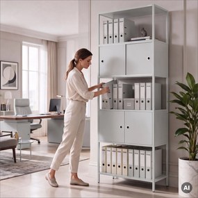 Iratrendező polc zárható szekrénnyel, irodai, nyitott polcok, fém szürke, 800x2200x400 mm: ARIEL