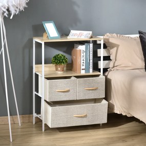 HOMCOM Tároló Fiókos Szekrény 3 Textil Fiókkal, Polccal és Felső Tálcával, Kis Oldalszekrény - 58L x 29W x 81.5H cm - Természetes és Fehér Fém | Aosom
