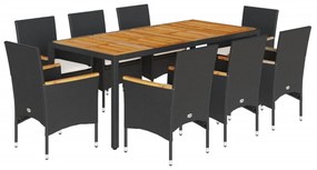 9részes fekete polyrattan/akácfa kerti étkezőgarnitúra párnákkal