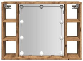 kézműves tölgy szerelt fa tükrös szekrény LED-ekkel 76x15x55 cm