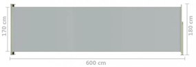 szürke behúzható oldalsó terasznapellenző 180 x 600 cm