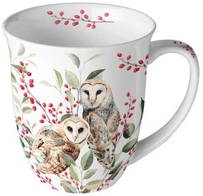 Karácsonyi porcelán bögre 400 ml baglyos Barn owl couple white