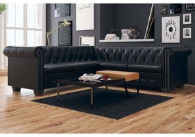 vidaXL 5 személyes fekete műbőr Chesterfield sarokkanapé