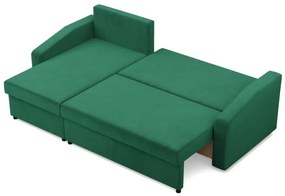 Zeus sarokkanapé, 2 ágyneműtartóval, döntött kartámasz, bársony, univerzális oldal, bonell töltet, zöld