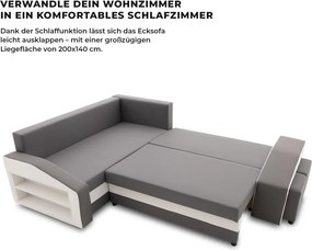 Grande sarokkanapé polcokkal és puffokkal , polc a bal karfaban puffok a jobb karfaban, baloldali, szövet anyag, hab töltet, szürke - fehér