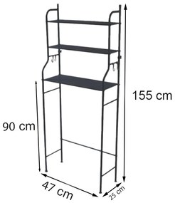 Fürdőszobai polc wc fölé, többszintes, fekete