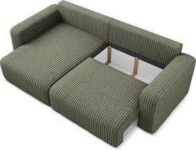 Zöld kordbársony kinyitható-tárolóhelyes sarokkanapé (bal oldali-heverő résszel) Kona – Makamii